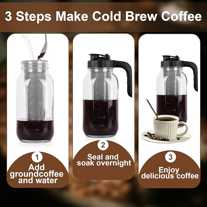 Cold Brew Coffee Maker Pitcher,32 Oz Glass Mason Jar Pitcher with V-shaped Pour Spout Handle Lid,Stainless Steel Filter for Iced Coffee,Iced tea,Breast Milk,Fruit Drinks,lemonade-Black