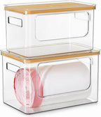 Hudgan Trash Bag Dispenser 2 Pack, Acrylic Garbage Bag Holder with Bamboo Top, Extra Large Trash Bags Holder Dispenser for Pantry Organizer and Under Sink