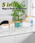 Trash Bag Dispenser Dryer Sheet Holder - 5 in 1 Plastic Garbage Bag Pantry Organizers and Storage, Clear Dishwasher Laundry Pods Container with Bamboo Lid, Under Sink Organizer Powder Detergent Jars