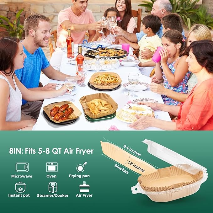 Vailnd Air Fryer Liners Disposable, 305 PCS 8" Square Unbleached Air Fryer Paper Liners, Heavy-Duty Air Fryer Liners for 5-8 QT Basket, Non-stick & Oil-Proof Parchment Paper for Oven, Pan