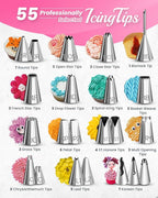 RFAQK 200PCs Cake Decorating Kit with Cake Turntable & Leveler, Baking Supplies Gift Includes 110+1 Piping Bags,55 Icing Tips,2 Frosting Spatulas, Adjustable Scraper, Video Tutorial, Booklet & more