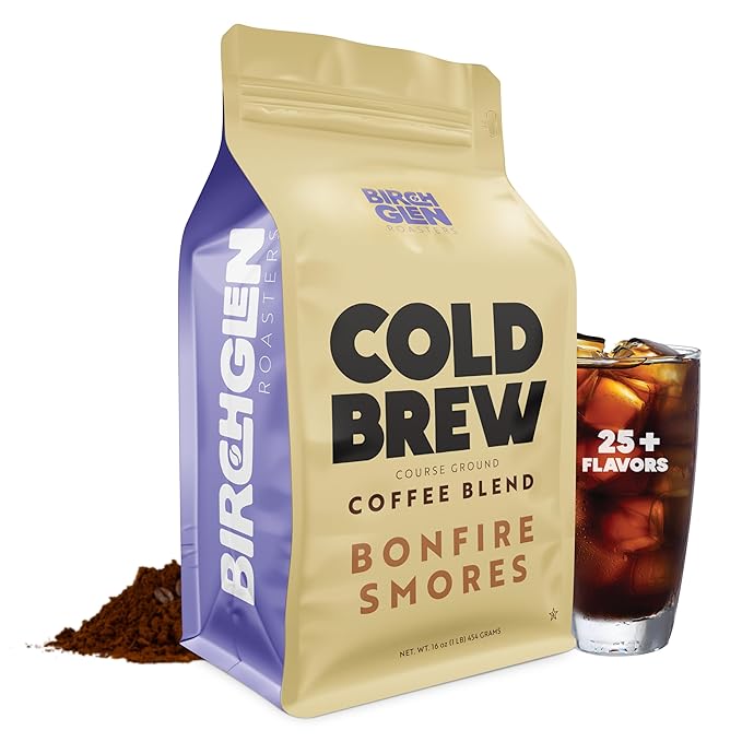 Birch Glen Roasters Cold Brew Coffee | Flavored Coarse Ground Coffee | Medium Roast | Artisanal Roasting | 100% Arabica |1 LB Bag | S'mores
