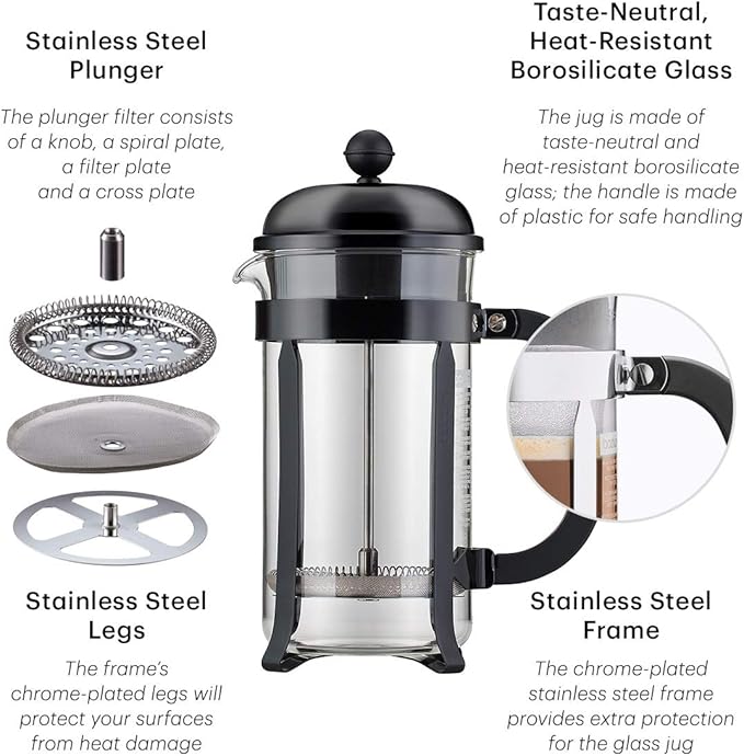 Bodum 34oz Chambord French Press Coffee Maker, High-Heat Borosilicate Glass, Stainless Steel, Black – Made in Portugal