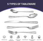 Floral 20 Pcs Silverware Set for 4, Food Grade Stainless Steel Flatware Set with Rose Flower Embossed Design, Eating Utensils Sets Include Fork/Knife/Spoon, Reusable Cutlery Set, Dishwasher Safe