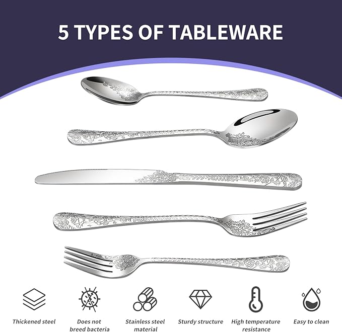 Floral 40 Pcs Silverware Set for 8, Food Grade Stainless Steel Flatware Set with Rose Flower Embossed Design, Eating Utensils Sets Include Fork/Knife/Spoon, Reusable Cutlery Set, Dishwasher Safe