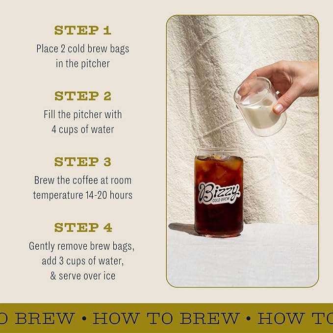 Bizzy Organic Cold Brew Coffee | Light & Bright Blend | Coarse Ground Coffee | Light Roast | Micro Sifted | Specialty Grade | 100% Arabica | Brew Bags | 4 Count | Makes 14 Cups