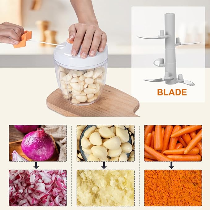 Manual Food Processor Vegetable Chopper, Portable Hand Pull String Garlic Mincer Onion Cutter for Veggies, Ginger, Fruits, Nuts, Herbs, etc., 900ml