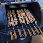 Antallcky 12 Pack Kebab Skewers 23.5 Inch BBQ Barbecue Skewers Stainless Steel Sticks Heavy Duty Large Wide Reusable with Nonslip Wooden Handle Ideal for Shish Kabob Chicken Shrimp and Vegetables