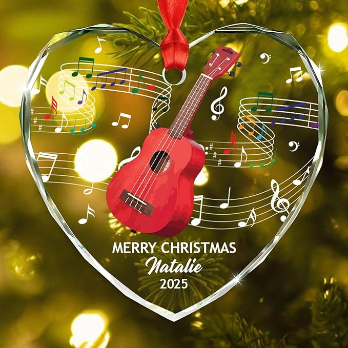 Personalized Ukulele Instrument Glass Christmas Ornament, Customized Text Year Name Keepsake Xmas Ornaments Gift for Ukulele Player/Lover, Ukuleles Musical Instrument Glass Ornament for Appreciation