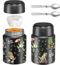 2-Pack Stainless Steel Vacuum Insulated Food Jar with Spoon, Soup Thermo Hot & Cold for Kids & Adults, Leakproof Insulated Lunch Containers with Carry Bag, 17oz.(Black-Dinosaur)