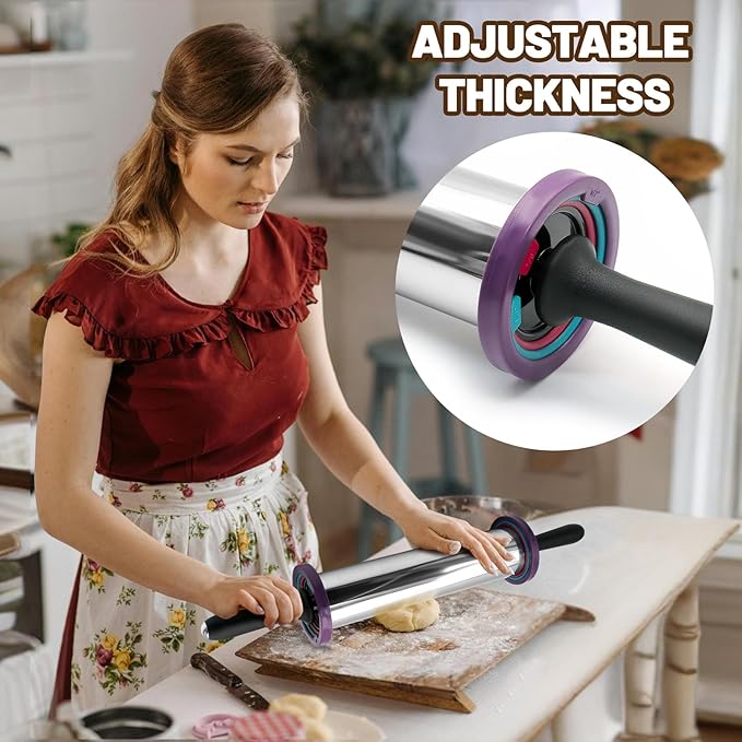 SHIKORI Rolling Pin,Adjustable Rolling Pin with Thickness Rings, Stainless Steel Dough Roller Baking Supplies for Pizza Pastry Fondant Pie Pasta-Black