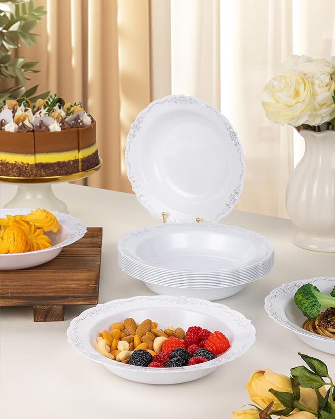 100 Pack White Plastic Bowls with Silver Rim, 12oz Plastic Salad Bowl, Disposable Bowls for Party, Dinners, Weddings, Christmas, Thanksgiving