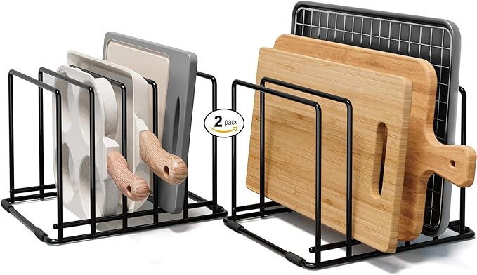2-Pack Baking Sheet Organizer Rack – 5-Slot Bakeware & Cookie Tray Holder for Kitchen Cabinet or Countertop, Compact Stainless Steel Cutting Board Rack with Rust-Resistant Frame & Anti-Slip Feet