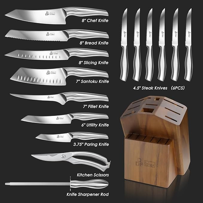 Kitchen Knife Set with Block, DDF iohEF 16 PCS Knife Sets for Kitchen with Block Japanese Stainless Steel, Ultra Sharp Chef Knife Set with Sharpener