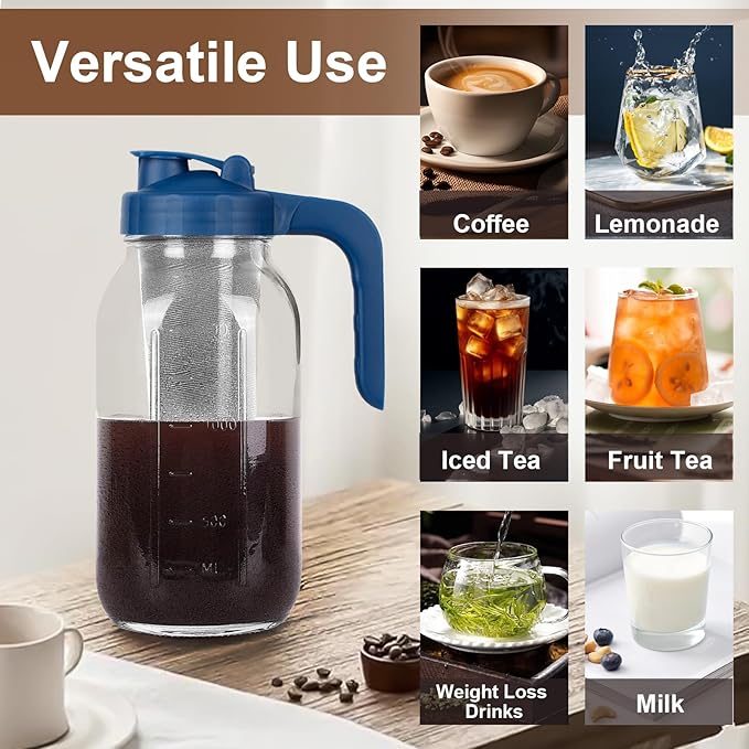 Cold Brew Coffee Maker Pitcher,32 Oz Glass Mason Jar Pitcher with V-shaped Pour Spout Handle Lid,Stainless Steel Filter for Iced Coffee,Iced tea,Breast Milk,Fruit Drinks,lemonade-Blue