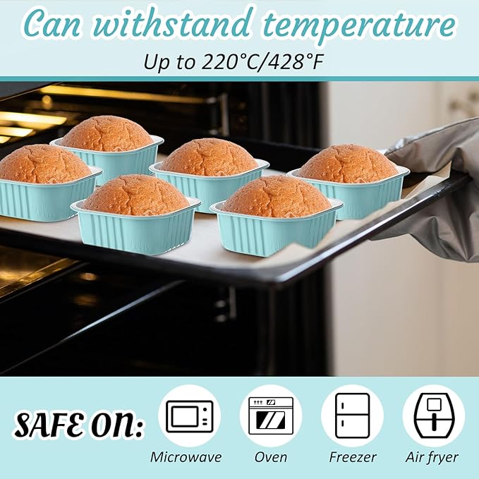 Aoriher 150 Pieces 10 oz Mini Cake Pans with Lids Aluminum Foil Baking Cups Square Disposable 4" x 4" Large Cupcake Cups Baking Tins for Kitchen Brownie Pudding Desserts Holders(Light Blue)