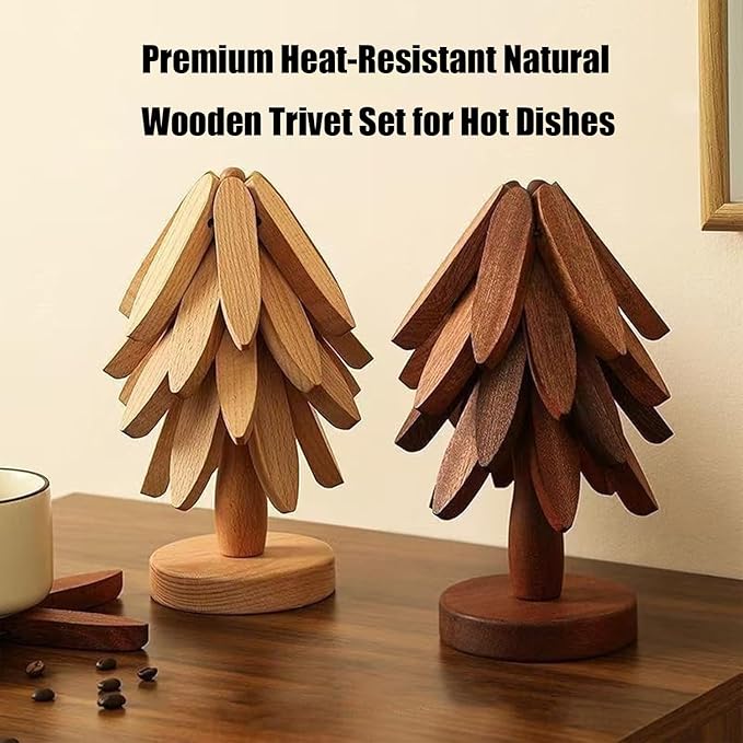 Natural Wood Tree Trivet Set, 𝐍atural Tree Trivet Set - 4 Wooden Trivets,4 Wooden 𝐓rivets & 1 Stand Like a Christmas Trees,for Hot Dish,Pot,Bowl,Teapot,Hot Pot Sets (Walnut Finish 4 Trivets,3set)