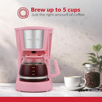 Holstein Housewares 5 Cup Drip Coffee Maker – Compact and User-Friendly with Auto Pause & Serve, Reusable Filter, Measuring Spoon & Glass Carafe, Office & Dorm Use, Pink