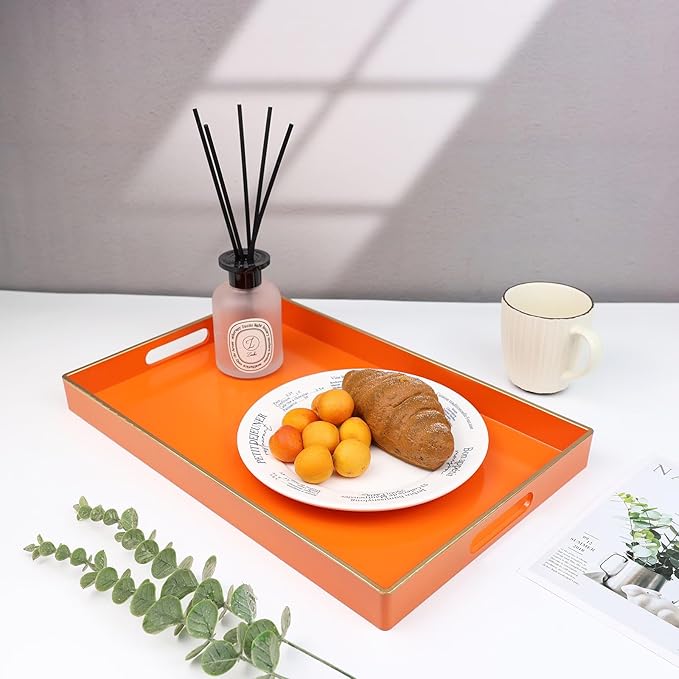 Spsyrine Orange Decorative Serving Tray with Handles, Elegant Plastic Coffee Table Tray for Ottoman, Living Room, Home Decor 15.6" X 10.2"