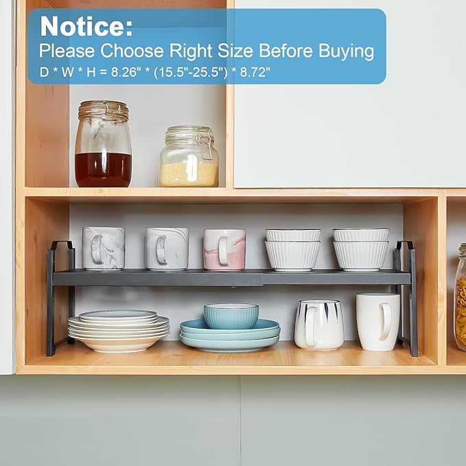 25.5 Inches 3 Pack Expandable Cabinet Shelves, Stackable Shelf Organizer for Kitchen Cabinet Countertop Storage, Adjustable Counter Cupboard Pantry Organizer Shelf Rack Stand Riser, Black
