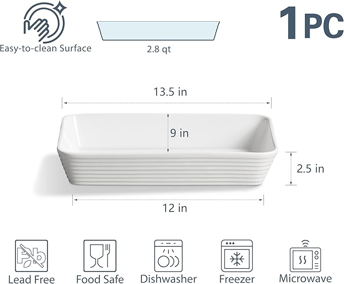 ONEMORE Ceramic Baking Dish, 9x13 Baking Pan Casserole Dish Large Rectangular Baking Dishes for Oven Deep Dish Lasagna Pan for Family Meals Ribbed White Bakeware for Roasting & Serving