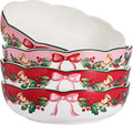 Bico Ribbon Christmas Scalloped Pasta Bowls, 36oz Salad Bowl Set of 4, Large Ceramic Serving Dinner Bowls for Soup and Cereal, Microwave and Dishwasher Safe, Gift for Housewarming and Holiday