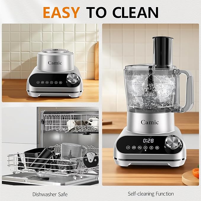 Camic 600W Food Processor, 72OZ Large Capacity Countertop Electric Vegetable Chopper with 6 Preset Programs,BPA Free, Stainless Steel Blades for Ice Crushing, Mixing, Chopping,Clicing