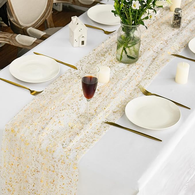 Artoid Mode 6Pcs Beige Gold Gauze Table Runner 120 Inch 10FT, Glitter Metallic Foil Sheer Dining Wedding Anniversary Holiday Birthday Table Decor for Home Party