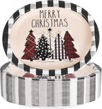 WDF 50Pack Christmas Paper Plates - 10"x12" Christmas Tree Plates Christmas Oval Paper Checkered Plates - Dinner Size Large Disposable Platter Heavy Duty for Happy Christmas Serving