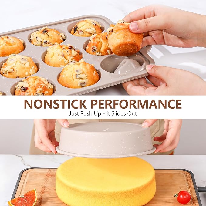 Vinino 8-Piece Baking Pans Set Nonstick, Bakeware Set includes Silicone Muffin, Loaf, Cake Pans with Metal Reinforced Frame, and Carbon Steel Roasting Pan, Cookie Sheet, Cooling rack for Oven