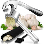 Premium Garlic Press, Garlic Mincer Set of 3 with Silicone Roller Peeler & Cleaning Brush, Extremely Durable Garlic Crusher, Ergonomic Handle, Extracts Most Garlic Paste Per Clove