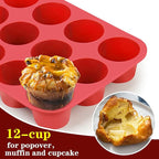 12-Cup Silicone Professional Non-Stick Popover Pans for Muffins, Brownies and Baking
