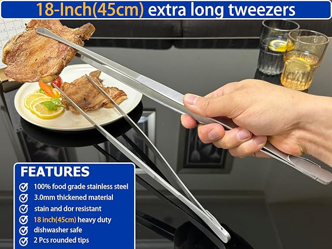 JETKONG 18 Inch (45cm) Extra Long Barbecue Tongs, Heavy Duty Giant Tweezer Tongs for Grilling and BBQ, Set of 2 (Round Tips)