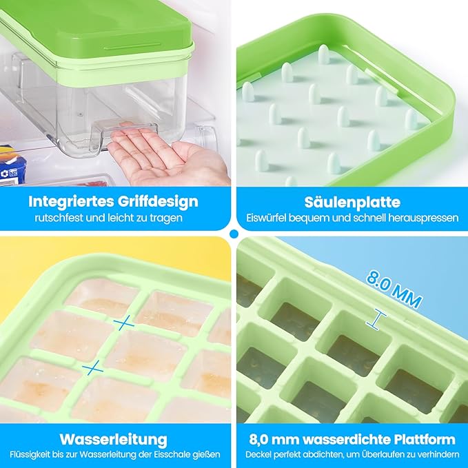 PHINOX Ice Cube Tray With Lid and Bin, Ice Trays for Freezer, Flexible Ice Cube Trays, Making 64 pcs Ice Cubes, Chilling Cocktail, Whiskey, Coffee, with 2 trays, Ice Container, Scoop&Cover, BPA Free