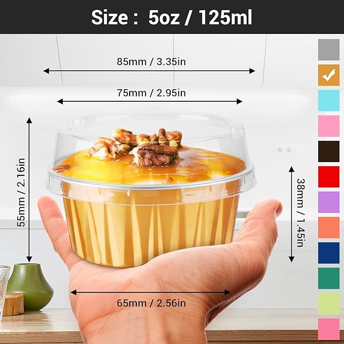 EUSOAR Aluminum Muffin Cups with Lid, 100pcs 5oz Muffin Liners Cups with Lids, Disposable Foil Ramekins, Aluminum Cupcake liners, Creme Brulee Ramekins, Aluminum Foil Cupcake Baking Cups Holders Pans