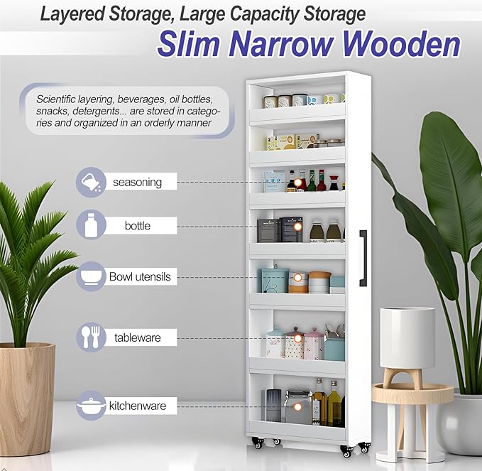 7-Tier Slim Storage Cart, Wooden Rolling Pantry Cabinet with Wheels, Narrow Shelf Organizer for Kitchen, Bakers Rack, Dining Room, Closet, Small Spaces Warm White 47.2" H*9.8" W*16.9" D