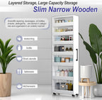 7-Tier Slim Storage Cart, Wooden Rolling Pantry Cabinet with Wheels, Narrow Shelf Organizer for Kitchen, Bakers Rack, Dining Room, Closet, Small Spaces Light Walnut 73.2" H*9.8" W*23.6" D