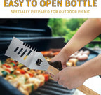 4-in-1 BBQ Spatula, Multifunction Grill Spatula with Wooden Handle, perfect for BBQ grills and kebabs for camping picnics