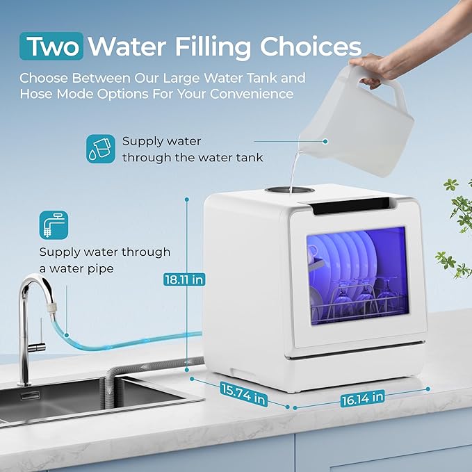 EUHOMY Portable Dishwasher Countertop Dishwashers, 8 Programs Mini Dishwasher, 5L Built-in Water Tank and Inlet hose, Self Clean, Baby Care, Air Dry Function, for Apartments & RVs, No Hookup Needed