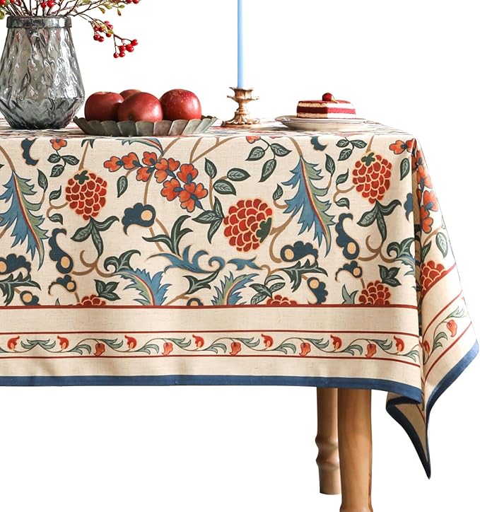 patdrea Designer Vintage Linen Extra Long Tablecloth for Rectangle Table,French Soft Floral Tablecloths,Colorful Table Cover for Kitchen Dining,Parties,Christmas,Thanksgiving,Party,63"x110"-Puno