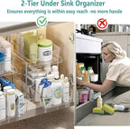 2 Pack Clear Under Sink Organizers, Pull Out Cabinet Organizer,2 Tier Bathroom Storage Organizer,Cabinet Drawers Organization Bins with Track for Kitchen,Pantry,Fridge,Vanity