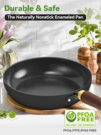 Enameled Carbon Steel Skillet, 9.5-Inch Nonstick Frying Pan, Stay-Cool Wooden Handle, Non Toxic, PTFE & PFOA Free Oven-Safe, Season-Free Carbon Steel Pan