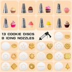 Cookie Press, Cookie Press Gun for Baking, Spritz Cookie Press, Stainless Steel Churros Maker Machine Kit, with 6 Brushes, 13 Cookie Discs, 8 Icing Nozzles, for Cookie Decorating