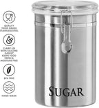 Oggi Stainless Steel Sugar Canister 62 fl oz - Airtight Clamp Lid, Clear See-Thru Top - Ideal Sugar Container for Countertop, Sugar Jar, Bulk Sugar Storage. Large Size 5" x 7.5".