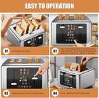 4 Slice Toaster, Touchscreen & Dual Independent Control Panel，5 Basic Functions & Digital Countdown Toasters, 6 Shade Settings＆6 Bread Types, Smart Bread Maker Mute/Screen-Off,Brushed steel