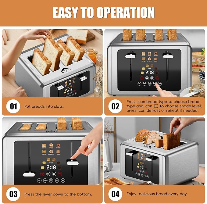 4 Slice Toaster, Touchscreen & Dual Independent Control Panel,Digital Countdown Toasters, 6 Shade Settings＆6 Bread Types, Smart Mute/Screen-Off,Silver
