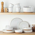 AmorArc Ceramic Dinnerware Sets with Pasta Bowls for 8, Handpainted Plates and Bowls Set with Rustic Terracotta Underside, Scratch Resistant Dishes Set, Dishwasher & Microwave Safe, 32 Pcs-White