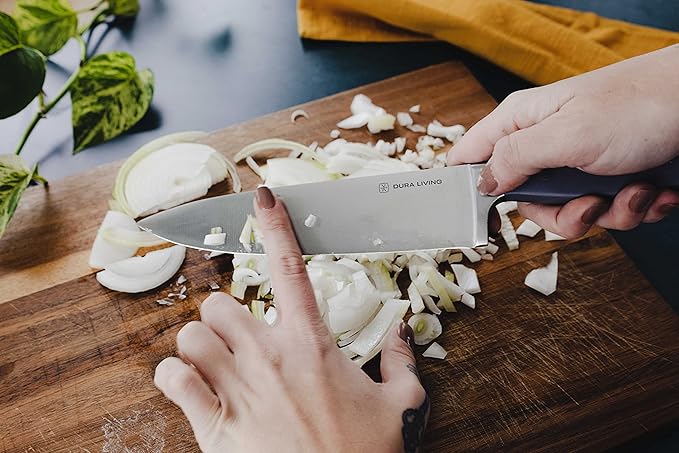 DURA LIVING 8 Inch Professional Chef Knife – High Carbon Stainless Steel, Razor-Sharp, Versatile Cooking & Cutting Kitchen Knife, Ergonomic Handle, Sleek Gray Design
