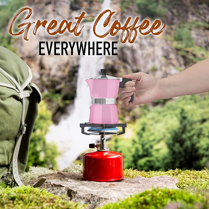 Zulay Moka Pot Espresso Stovetop Coffee Maker - Leak-Proof, Stainless Steel, Easy to Clean, Heat Resistant Handle & Knob - for Authentic Cuban & Italian Style Espresso - Makes 3 Espresso Cups - Pink