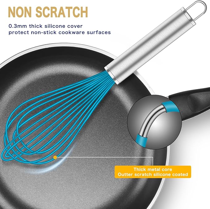 Silicone Whisk,Heat Resistant 480°F Whisks For Cooking Non Scratch,Stainless Steel wired wisk,Plastic Rubber Whisk Tool For Nonstick Cookware Pans,Silicon Wisks Set of 4,Blue